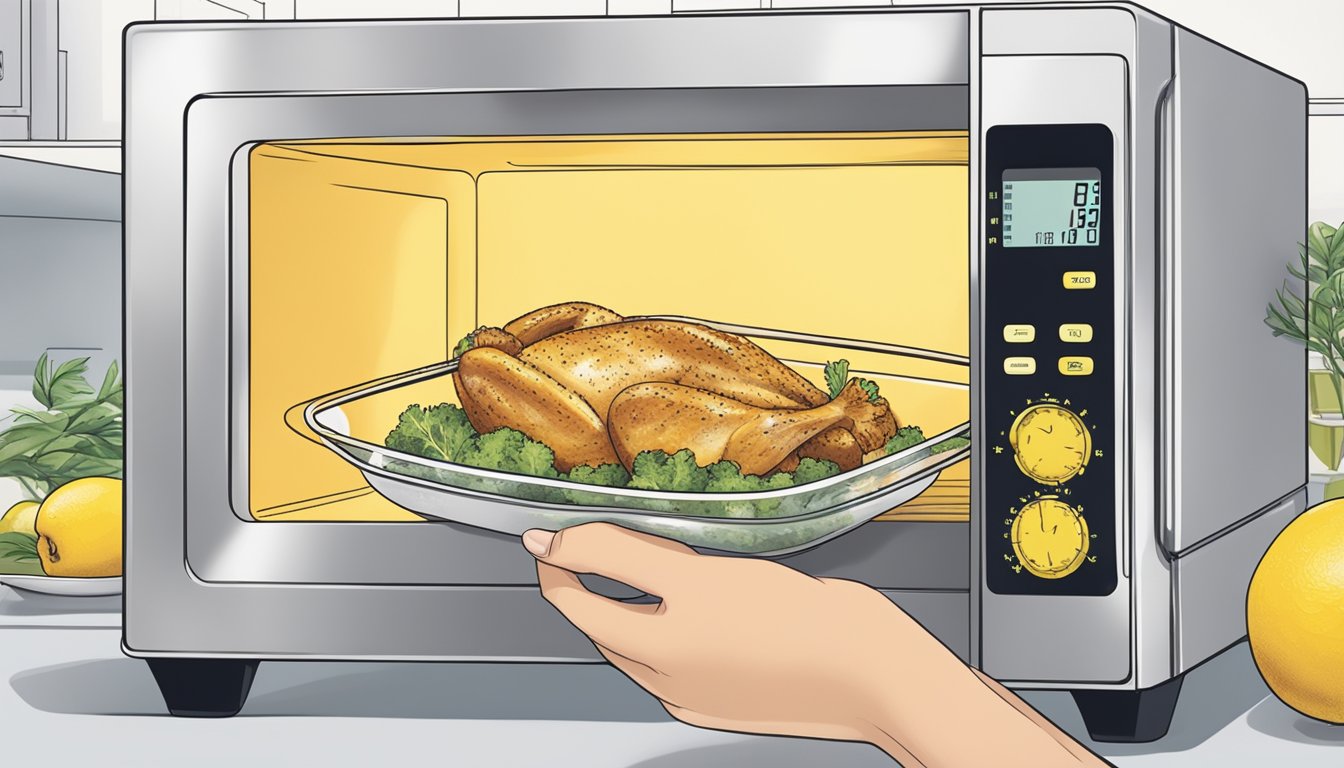 A person placing lemon pepper chicken in a microwave-safe dish, covering it with a microwave-safe lid, and setting the timer to reheat