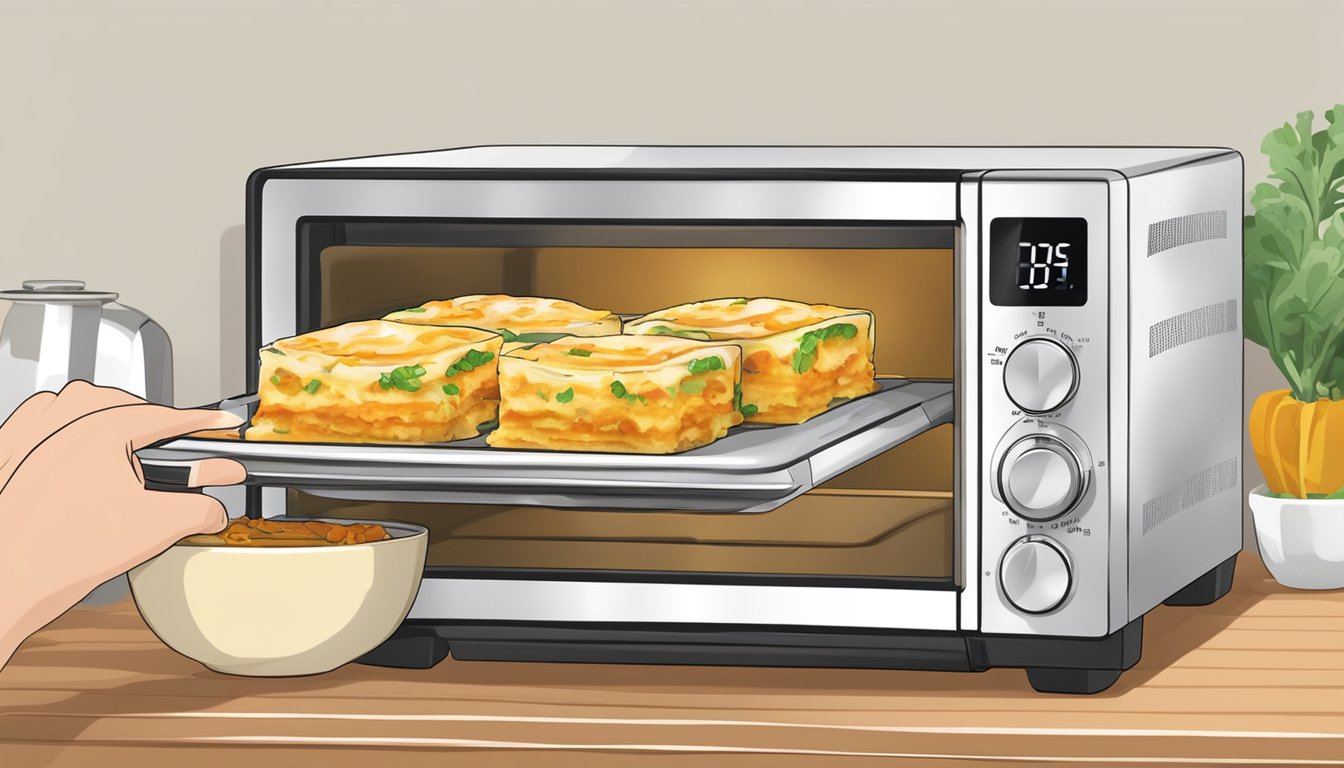 A plate of lasagna rolls being placed into a microwave. The microwave timer set for 2 minutes