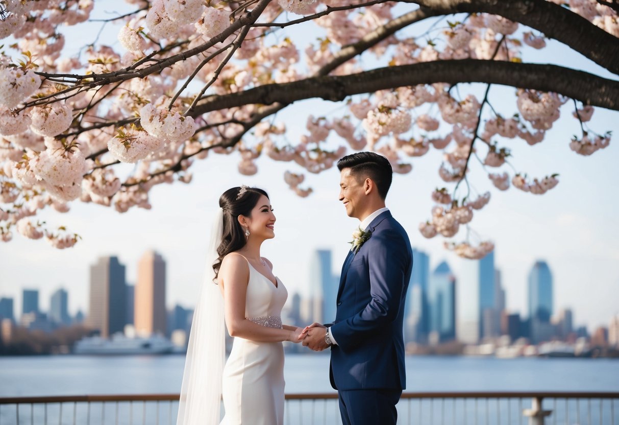 A couple standing under a blooming cherry blossom tree, exchanging wedding vows