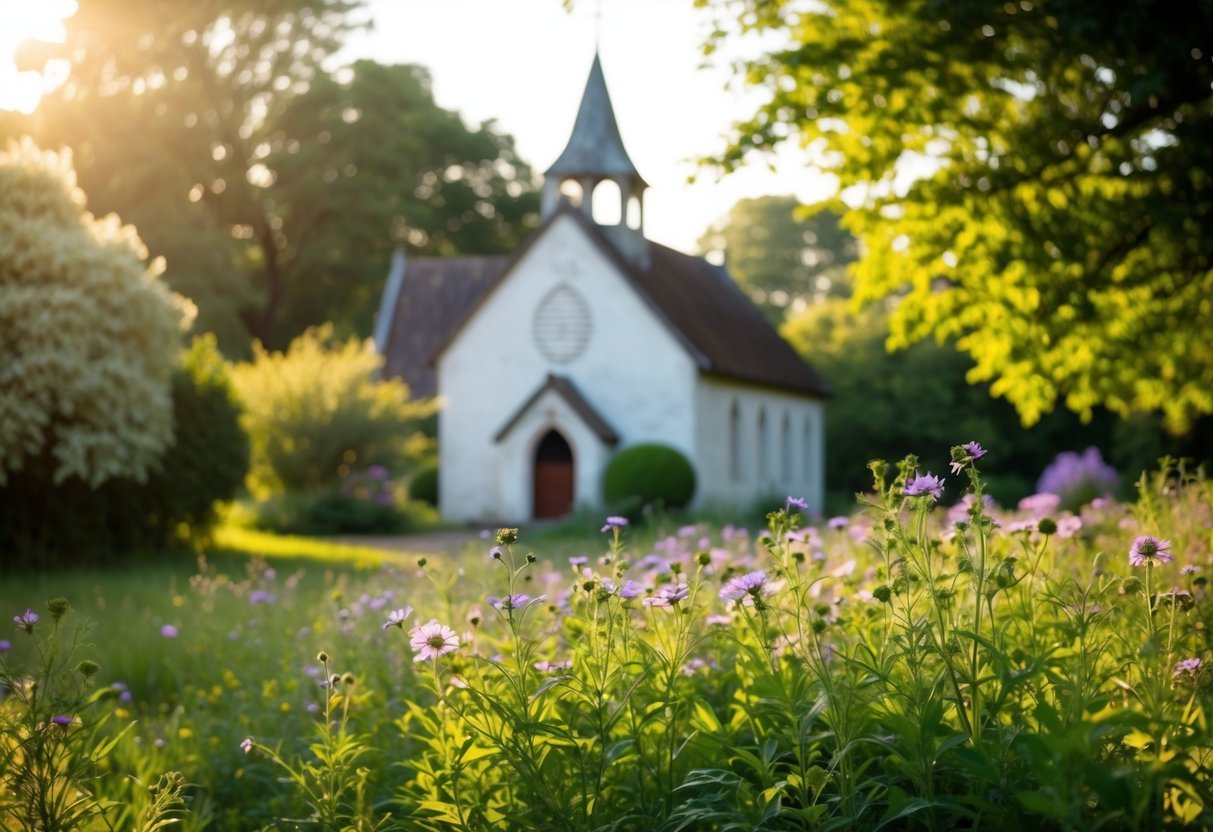 A serene countryside setting with a charming old church and blooming wildflowers, bathed in soft golden sunlight
