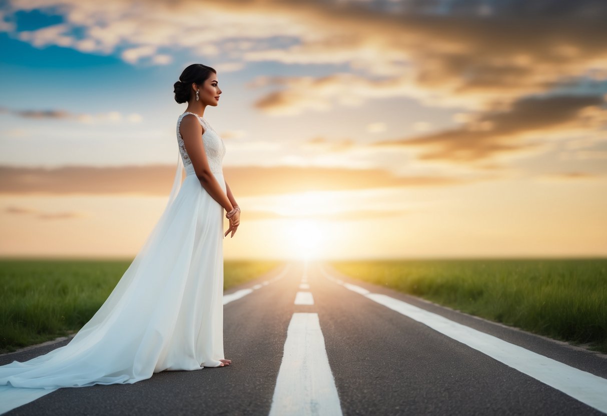A woman standing at a crossroads, one path leading to a traditional wedding ceremony and the other to independence and self-discovery