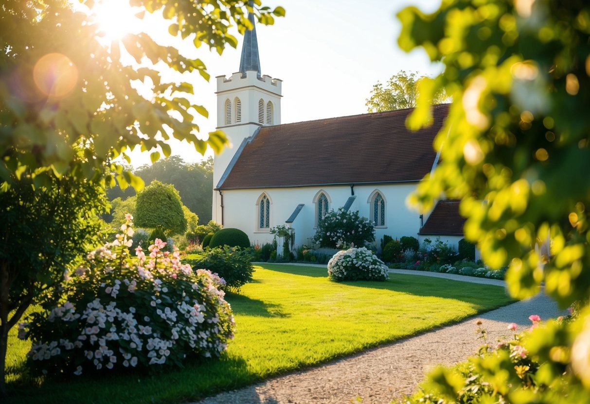 A serene countryside setting with a quaint church and blooming gardens, bathed in warm sunlight