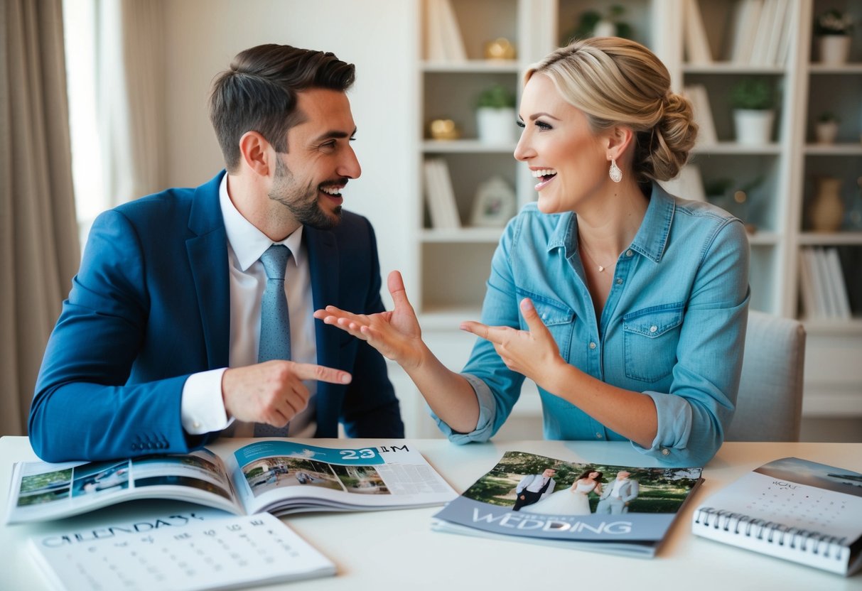 A couple sits at a table, surrounded by wedding magazines and a calendar. They are deep in conversation, gesturing excitedly as they plan for their future together