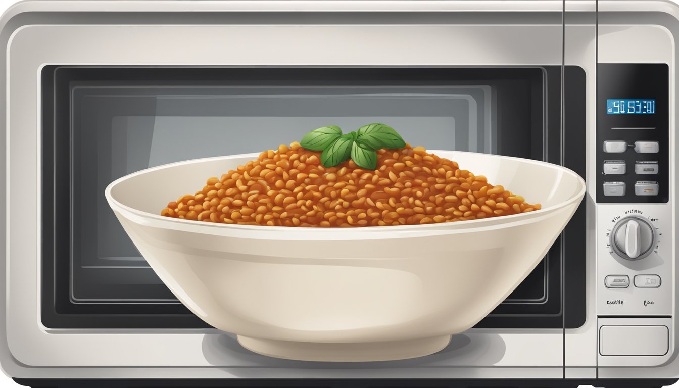 A microwave with a bowl of lentil bolognese inside, a fork resting on a plate next to it