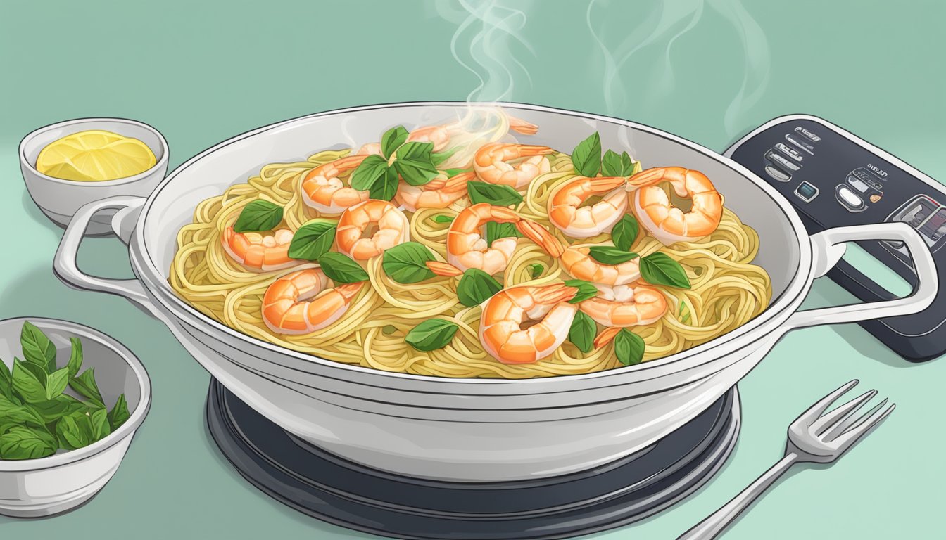 A steaming bowl of lemon garlic shrimp pasta being heated in a microwave