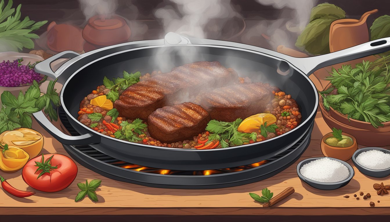 Longaniza sizzling in a hot skillet, steam rising, surrounded by colorful herbs and spices