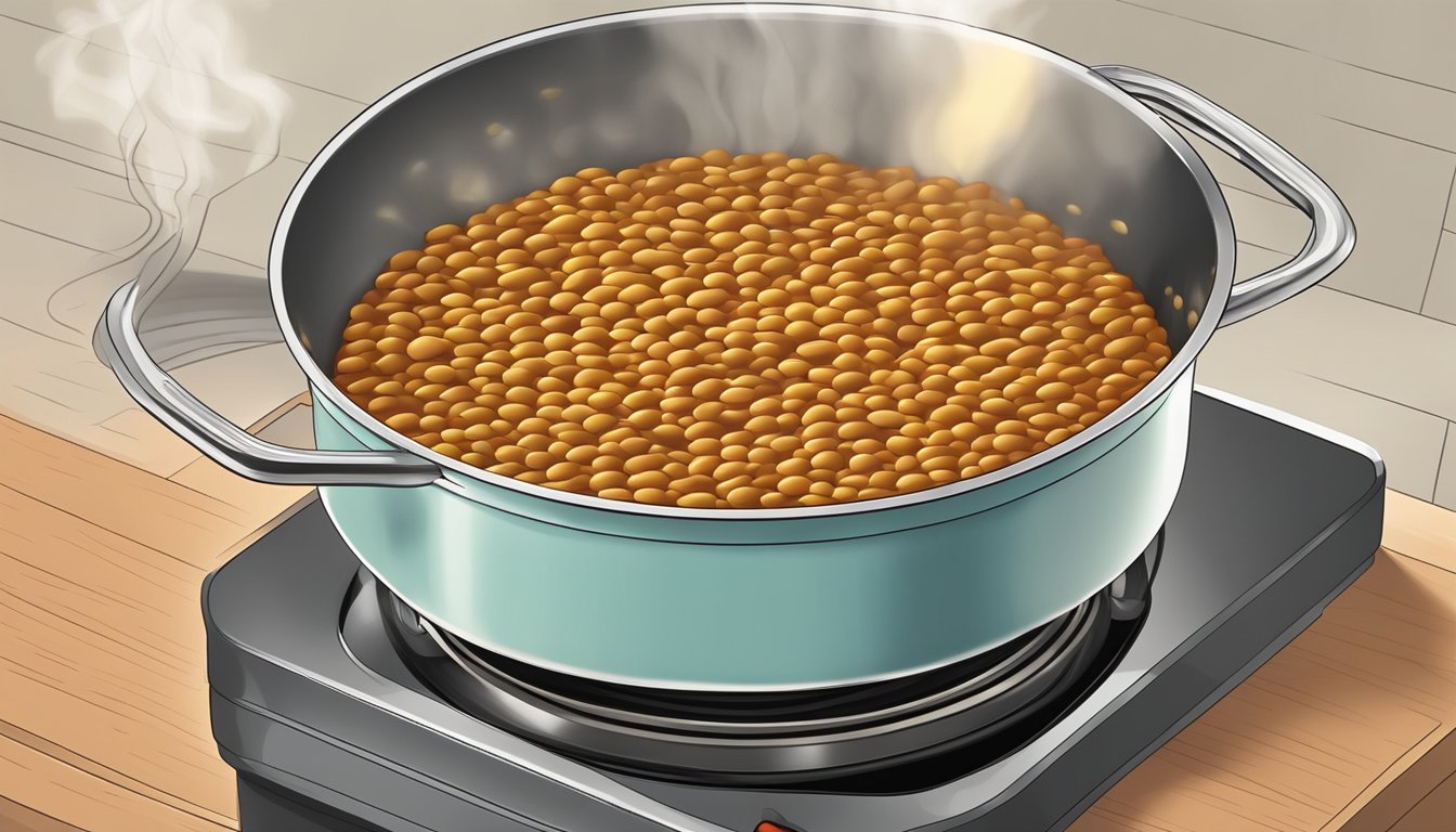 A pot of lentil bolognese being gently reheated on a stovetop, steam rising and rich aroma filling the kitchen