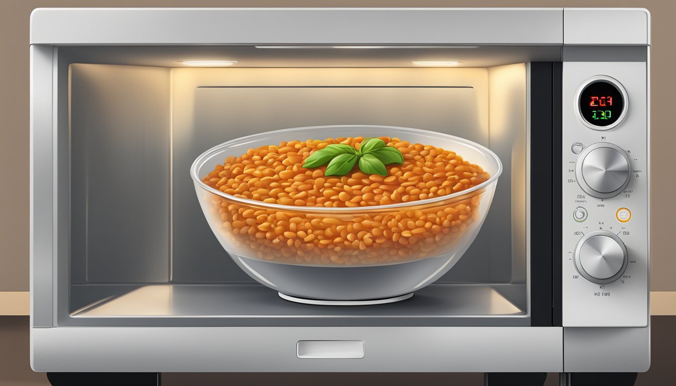 A steaming bowl of lentil bolognese being reheated in a microwave