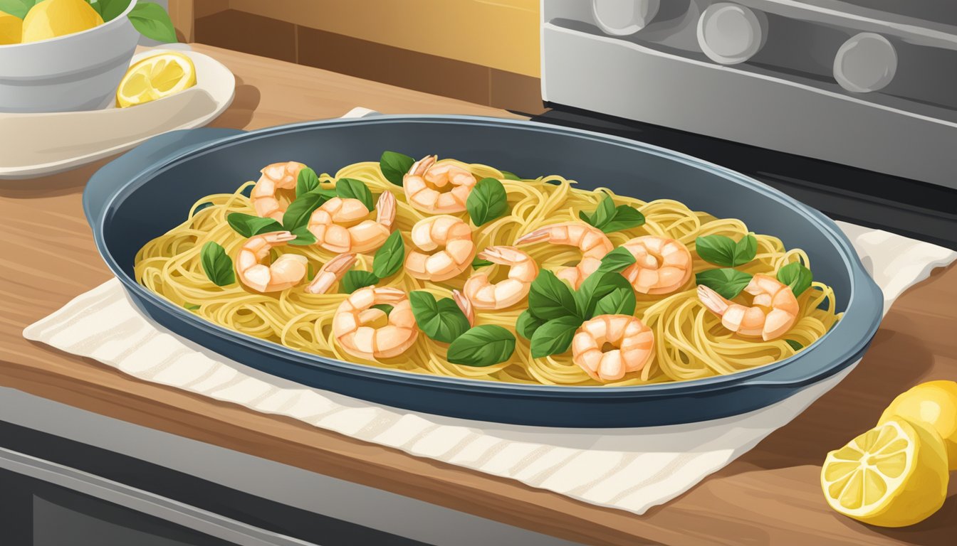 A baking dish of lemon garlic shrimp pasta in the oven