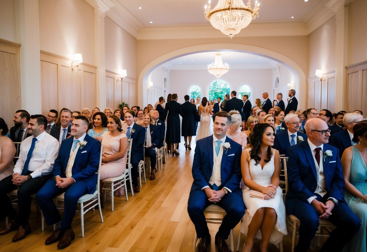 Guests waiting in a beautifully decorated wedding venue. The ceremony has started, but some attendees arrive late, causing a stir among those already seated