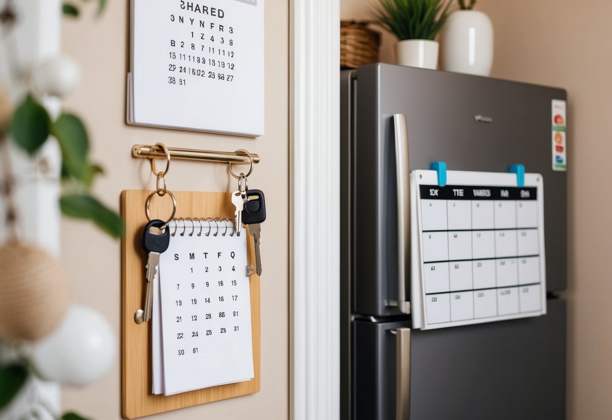 A cozy apartment with two sets of keys hanging on the wall, a shared calendar on the fridge, and two toothbrushes in the bathroom