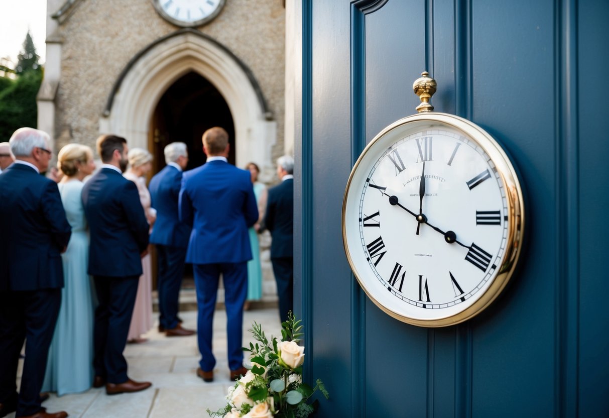 Guests waiting outside a closed church door, with a clock showing the time as past the scheduled start of the wedding ceremony