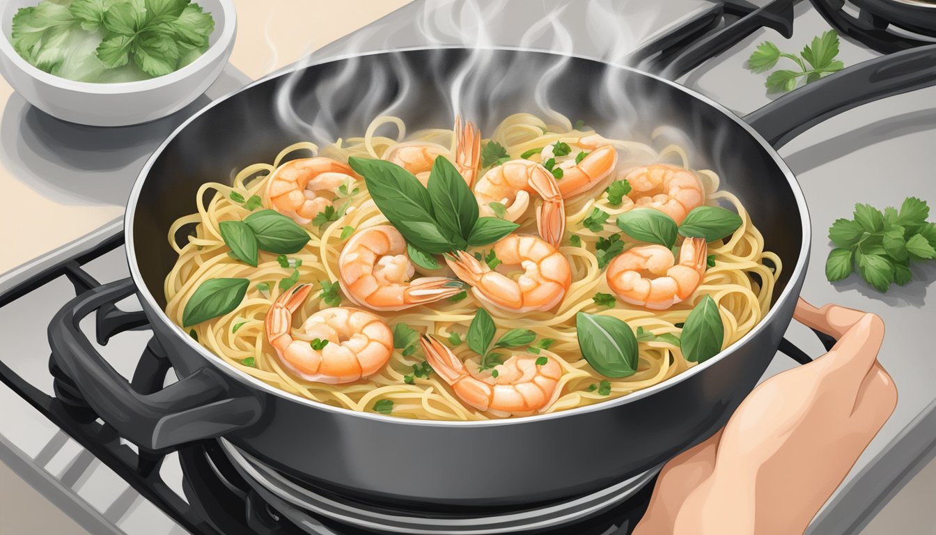 A steaming bowl of lemon garlic shrimp pasta being gently reheated on a stovetop, with a sprinkle of fresh herbs being added for the finishing touch