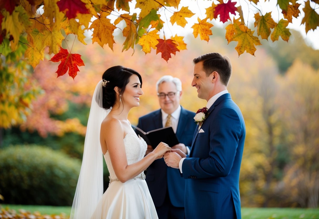 A couple exchanging vows under a canopy of colorful autumn leaves