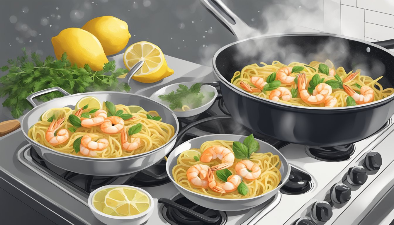 A steaming bowl of lemon garlic shrimp pasta being gently heated in a skillet on a stovetop, with a sprinkle of fresh herbs on top