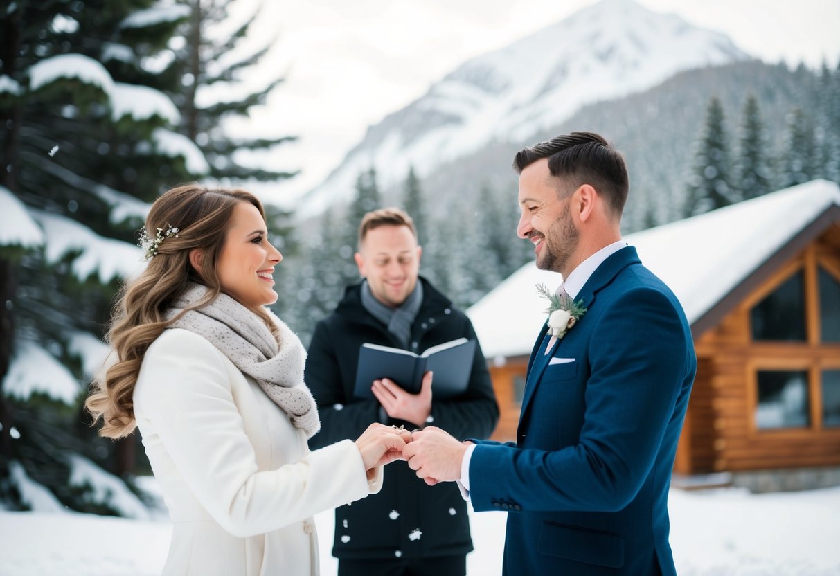 A couple exchanging vows in a snowy, winter wonderland setting with pine trees and a cozy cabin in the background
