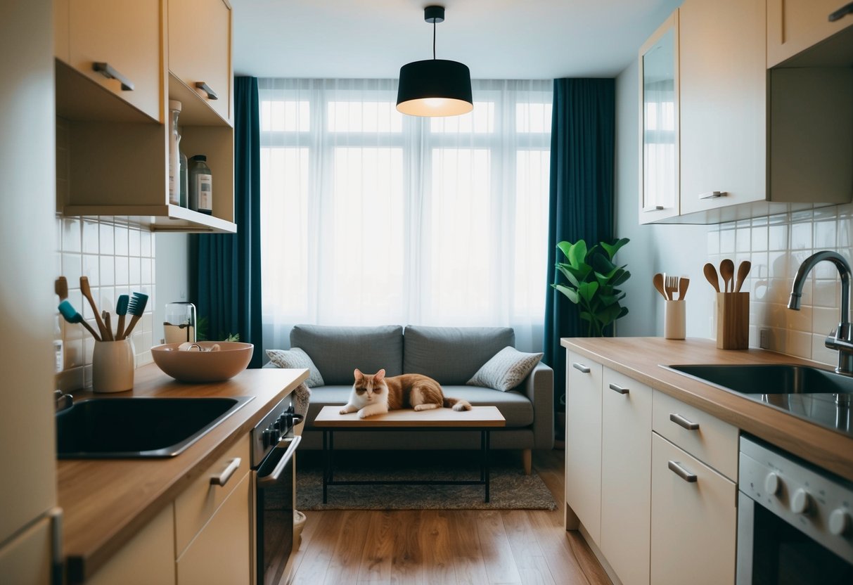 A cozy apartment with two toothbrushes in the bathroom, shared cooking utensils in the kitchen, and a pet lounging in the living room