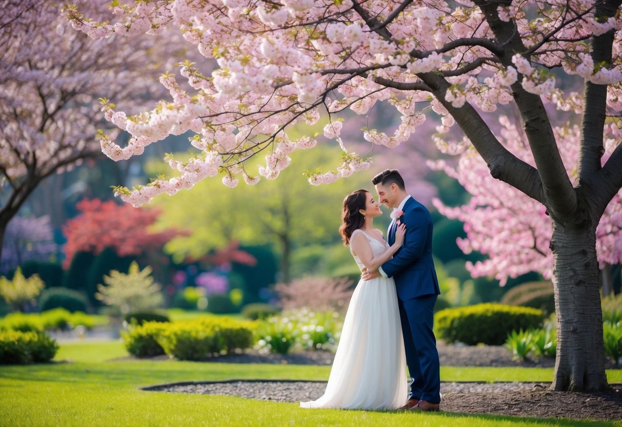 A couple stands under a blooming cherry blossom tree in a tranquil garden, surrounded by vibrant colors of early spring