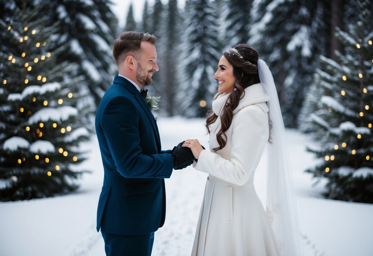 A couple exchanges vows in a snowy, enchanting winter wedding ceremony, surrounded by evergreen trees and twinkling lights