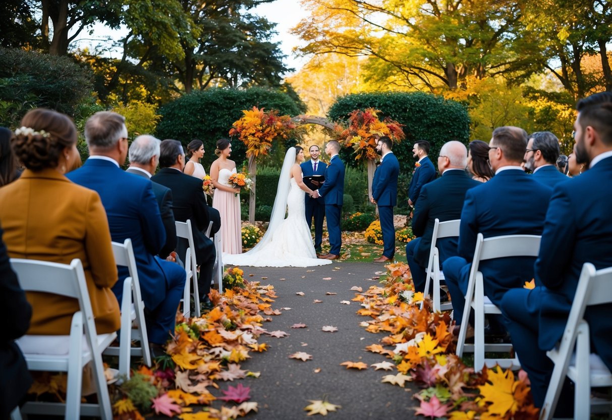 A wedding ceremony taking place in a serene garden in the month of November, with colorful autumn leaves scattered on the ground