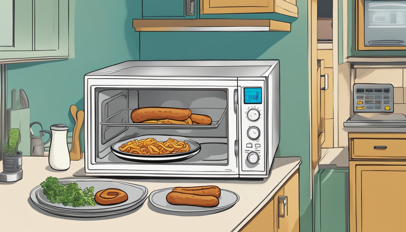 A plate of linguica sits next to a microwave, with a thought bubble showing a question mark. The microwave's door is open, and a person appears to be considering how to reheat the linguica