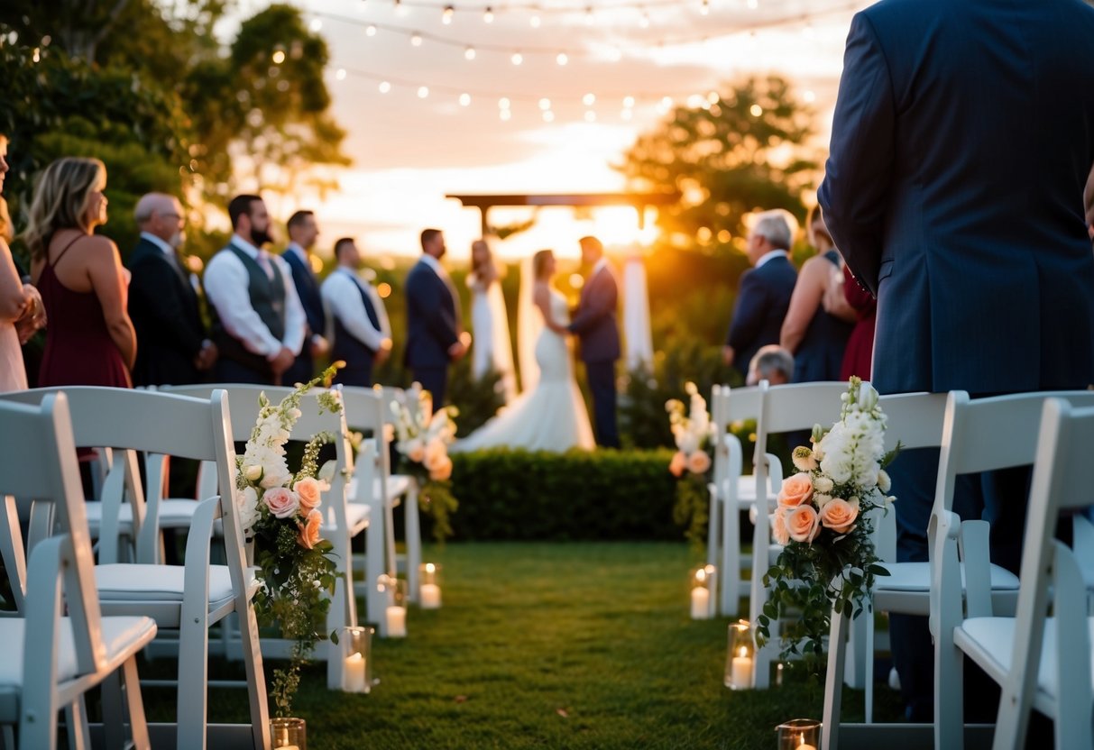 A sunset wedding ceremony in a garden with warm lighting and blooming flowers
