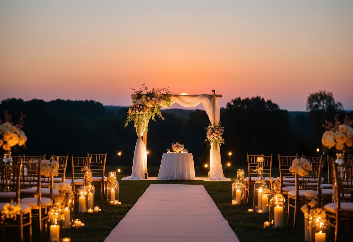 A glowing sunset casts a warm, golden light over a serene outdoor wedding venue, with twinkling lights and elegant decor setting the stage for a romantic evening ceremony at 7pm