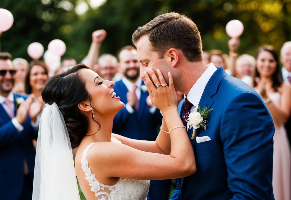 A crowd cheers as the groom leans in to kiss the bride