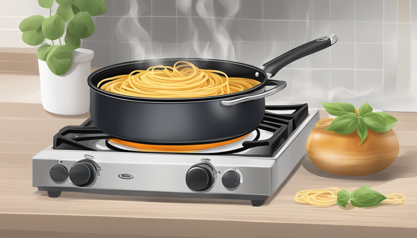 A pot of linguine with sauce being heated on a stovetop