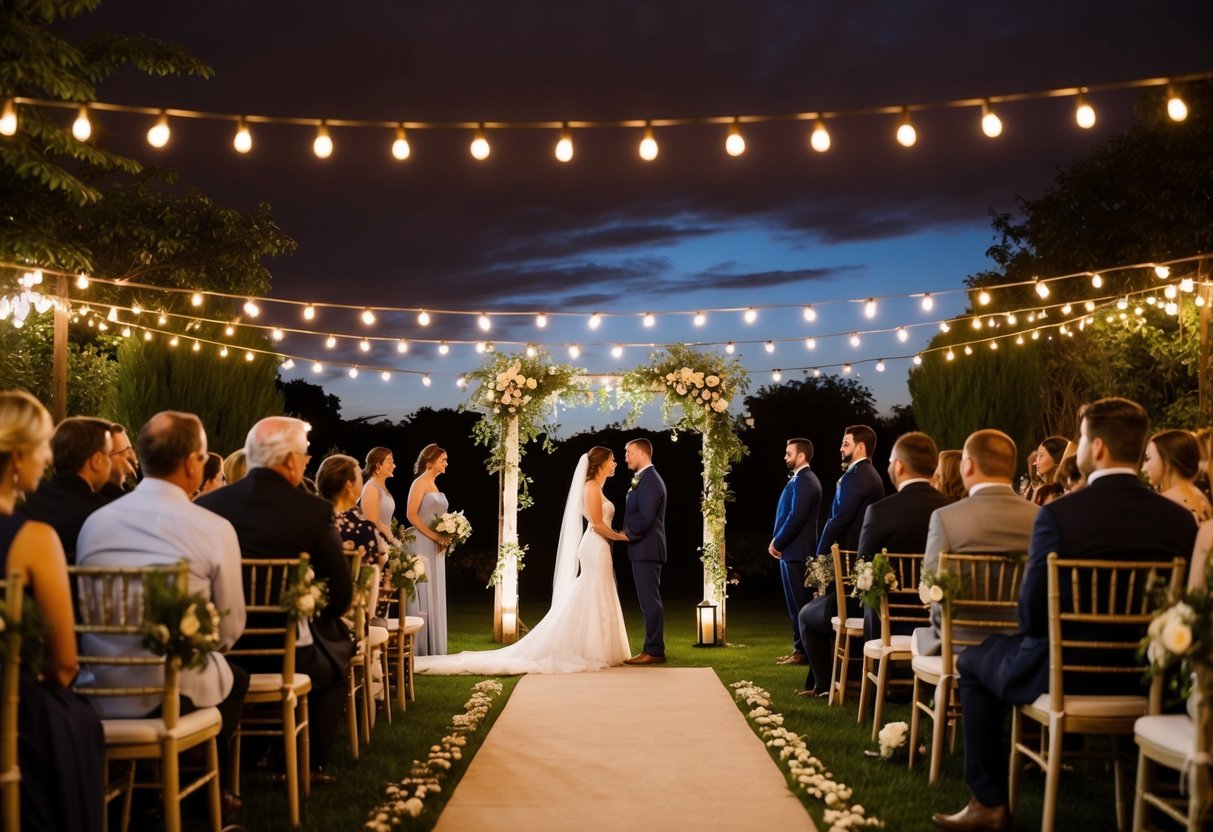 A twilight wedding ceremony in a garden with string lights and a glowing sunset as the backdrop