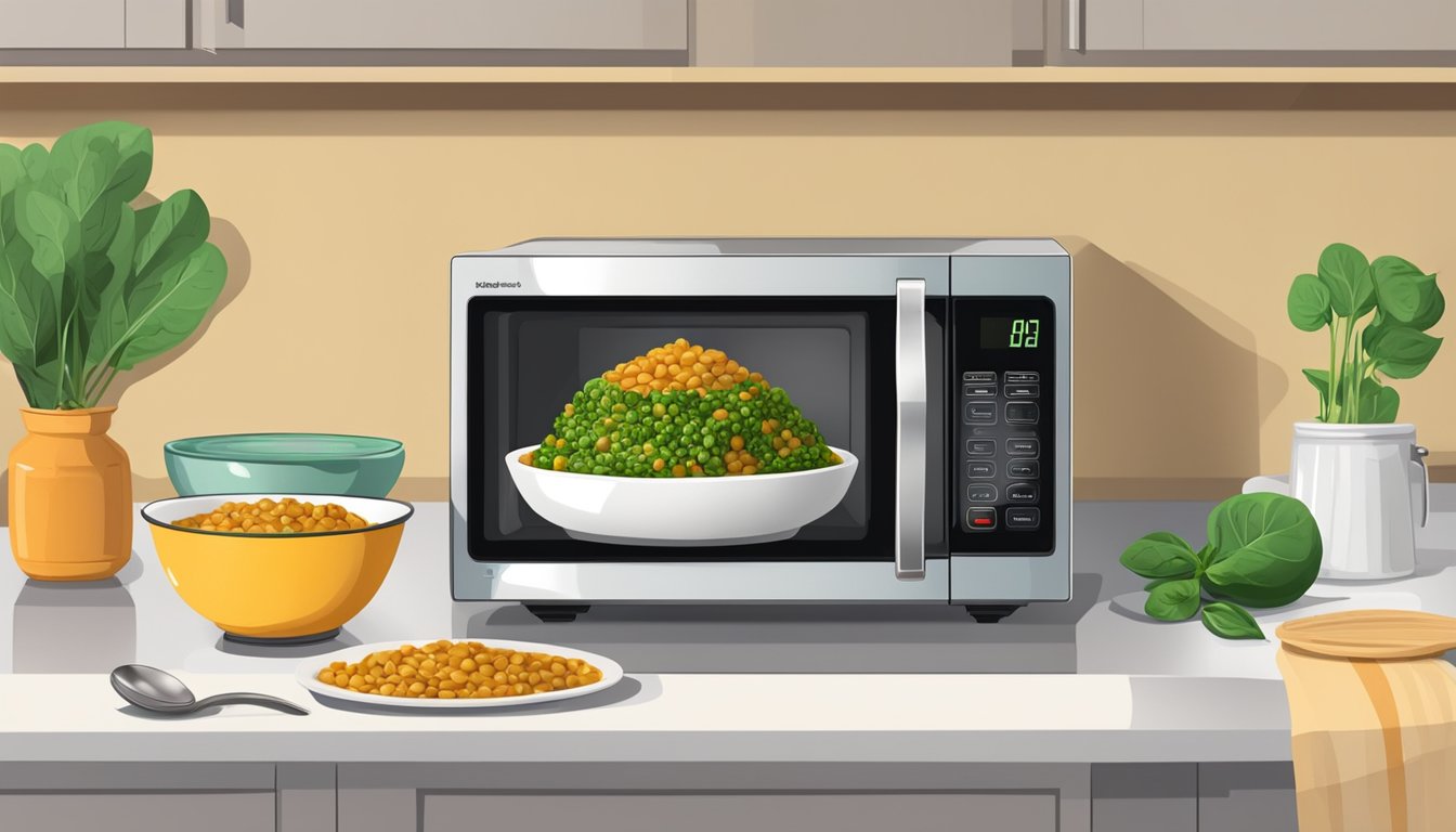 A microwave with a covered bowl of lentil and spinach curry inside, a spoon beside it, and a timer set for reheating