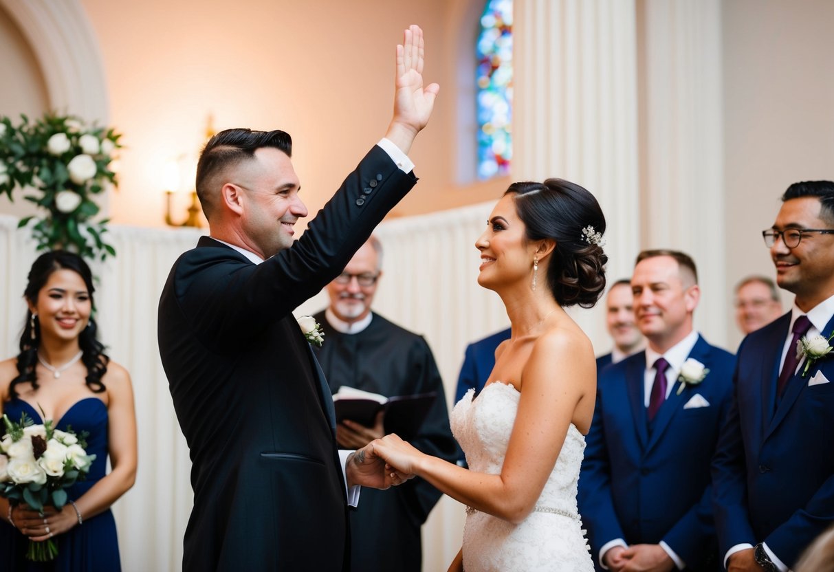 An officiant raises their hand, signaling the groom to kiss the bride