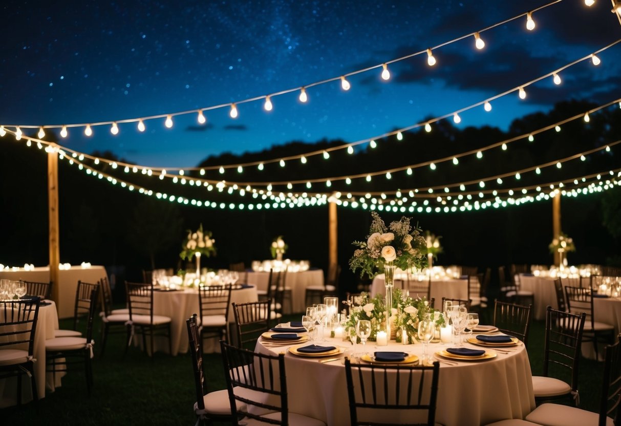 A dimly lit outdoor wedding reception with fairy lights, candles, and elegant table settings under a starry night sky
