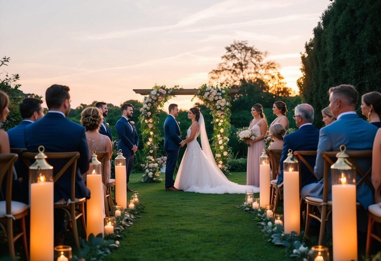 A romantic sunset wedding ceremony in a lush garden, with twinkling lights and elegant decor