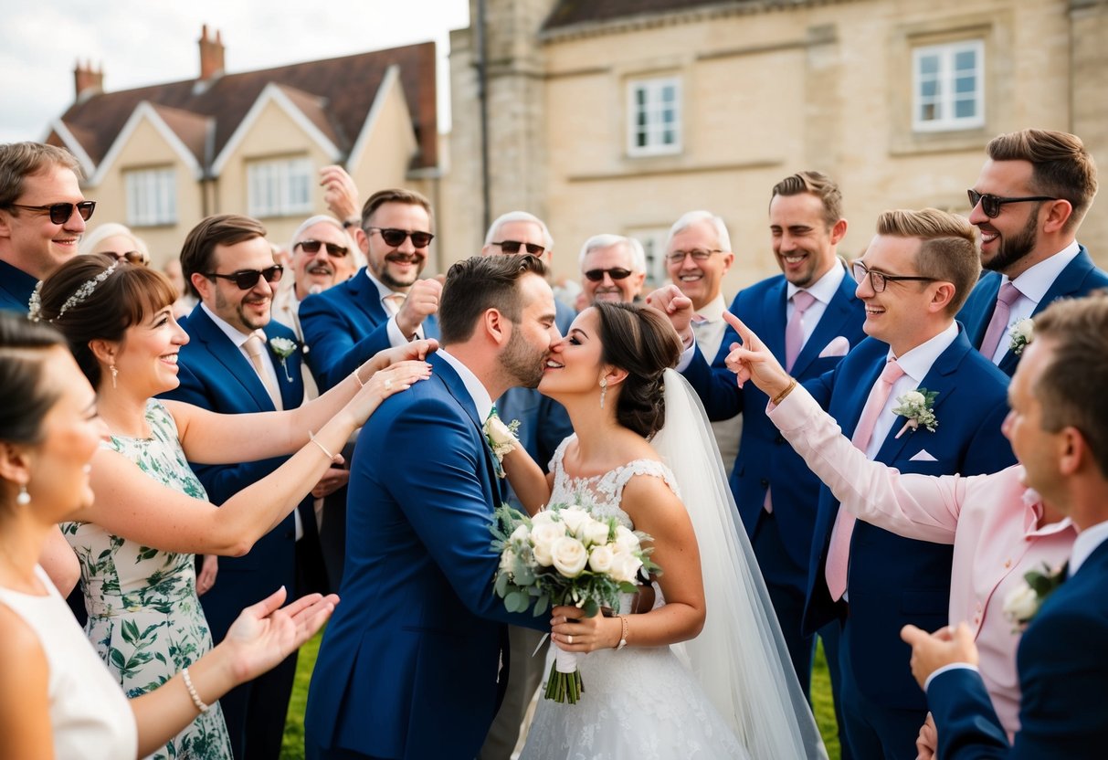 A circle of cheering guests gestures toward the bride and groom, encouraging the groom to kiss the bride