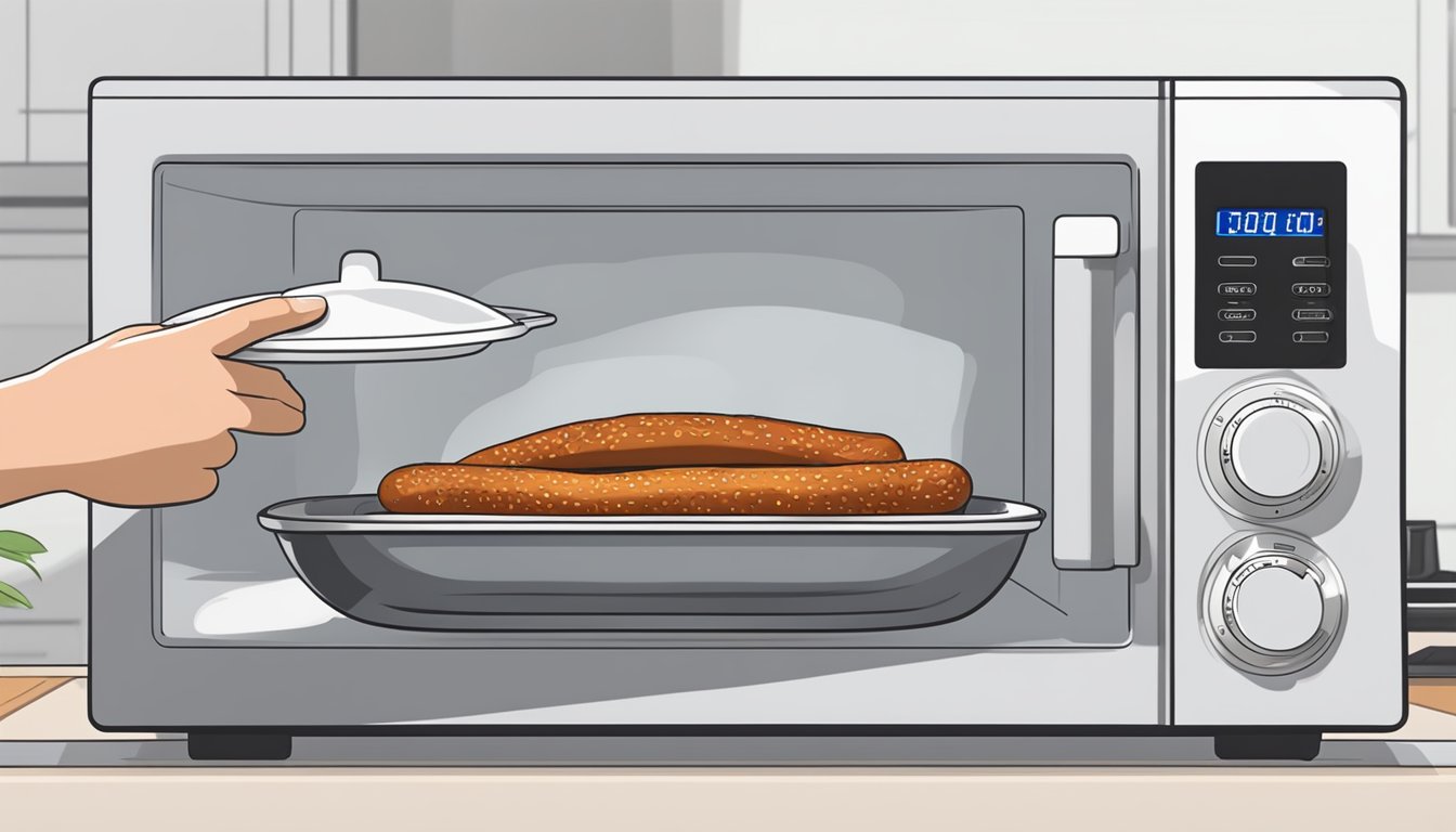 A person placing linguica in a microwave-safe dish with a cover, setting the timer, and pressing start