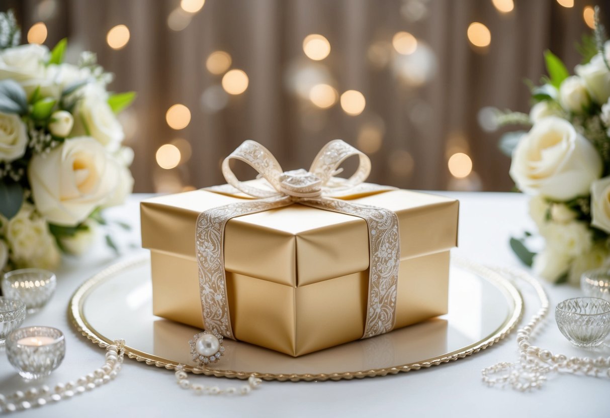 A beautifully wrapped gift box surrounded by elegant wedding decor