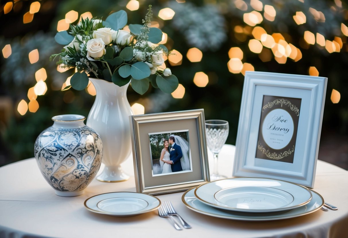 A wedding gift table with various items including a decorative vase, elegant photo frame, and a set of fine dining plates