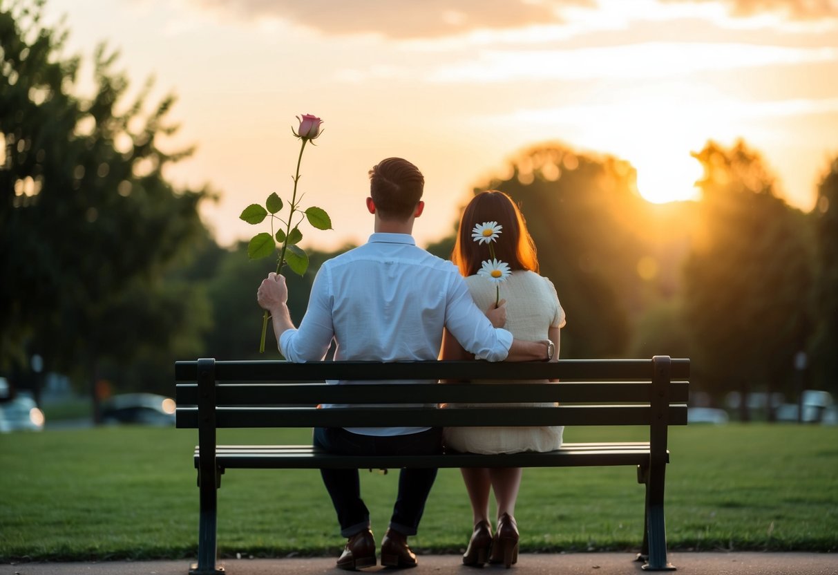 A couple sits on a park bench, one holding a long-stemmed rose, the other a daisy. The sun sets behind them, casting a warm glow over the scene