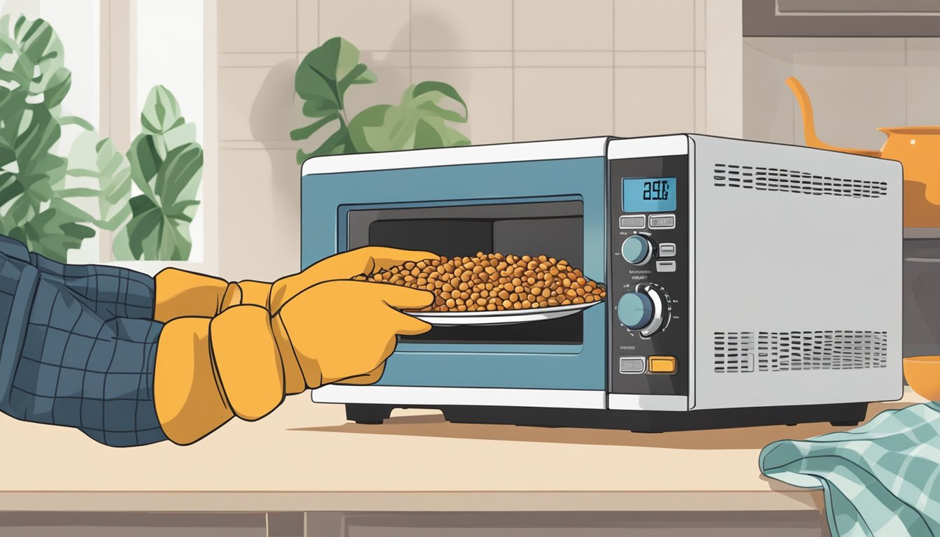 A person placing a container of madras lentils into a microwave, setting the timer, and carefully removing the hot dish with oven mitts