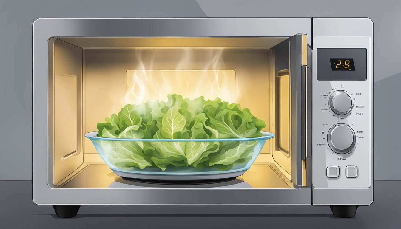 A microwave with a plate of lettuce wraps inside, steam rising from the warm food