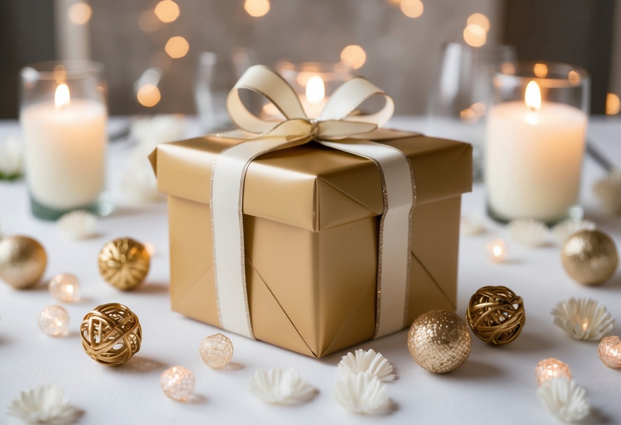 A beautifully wrapped gift box surrounded by elegant wedding decor