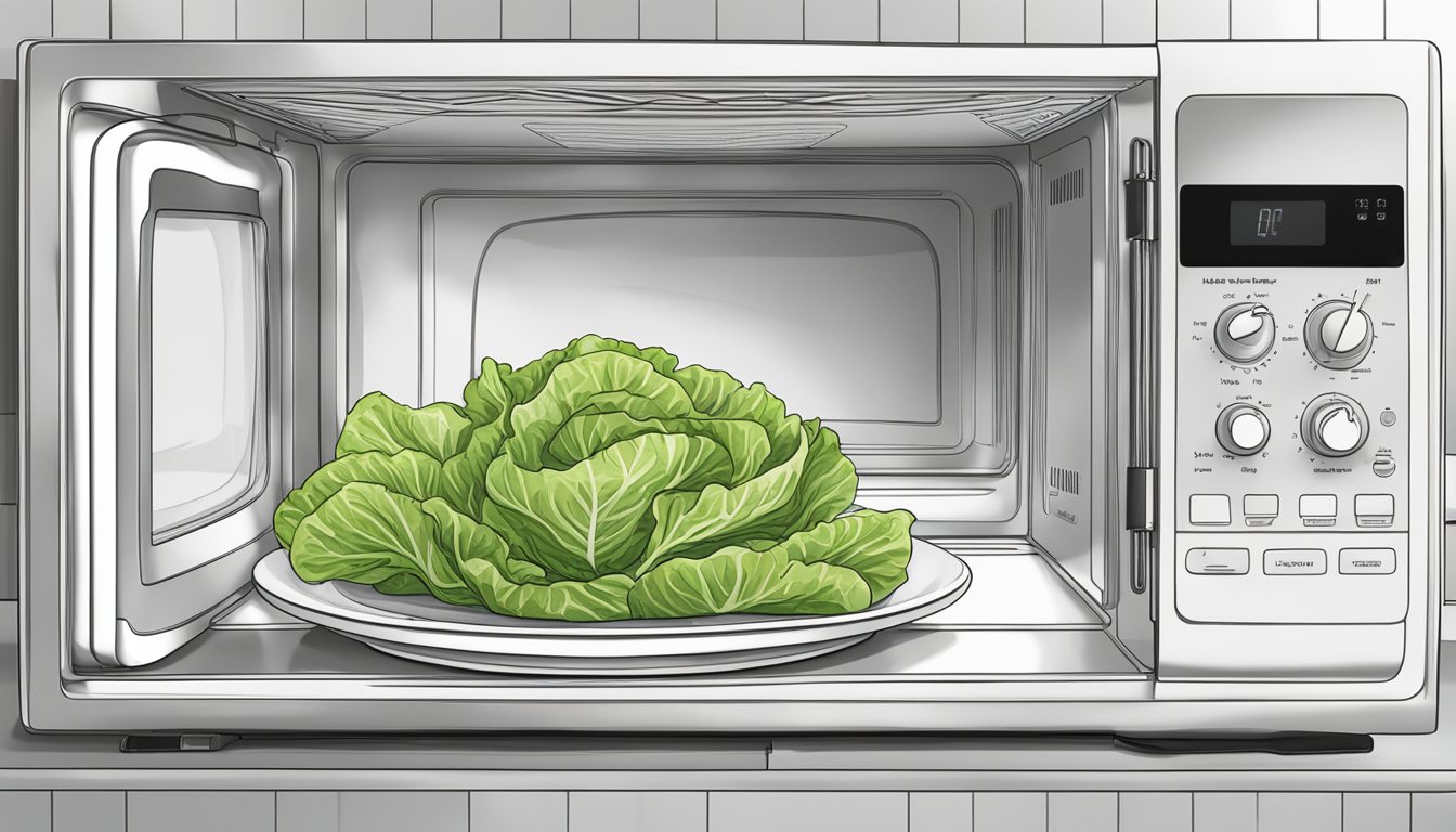 A pair of lettuce wraps sit on a microwave-safe plate, with a paper towel covering them. The plate is placed in the microwave, ready to be reheated