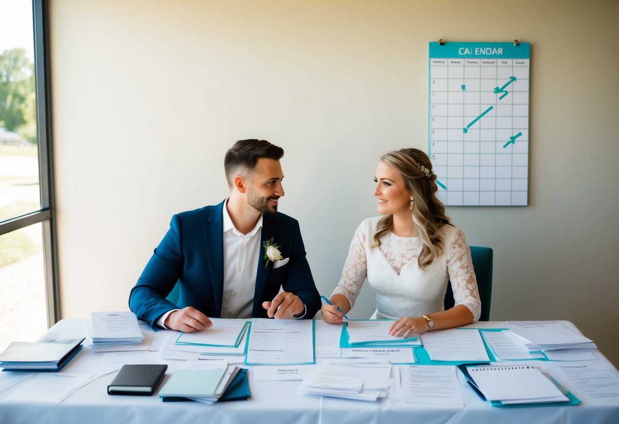 A couple sits at a table covered in wedding planning materials, discussing their options. A calendar on the wall shows different months crossed off