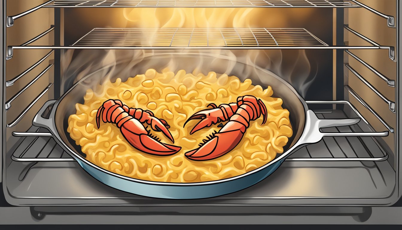 A steaming bowl of lobster mac and cheese being reheated in the oven