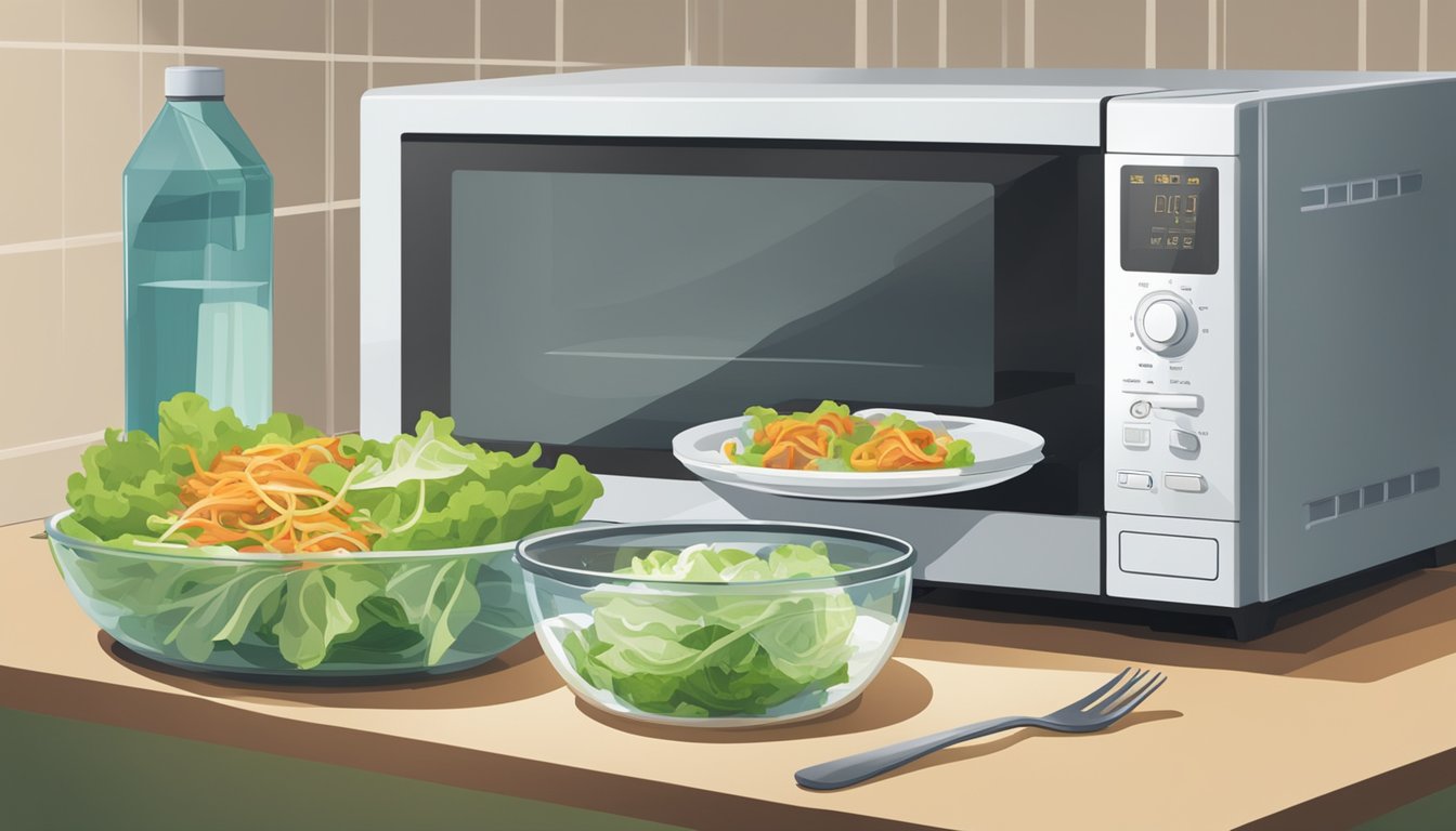 A microwave next to a plate of lettuce wraps, with a steaming bowl of water for steaming