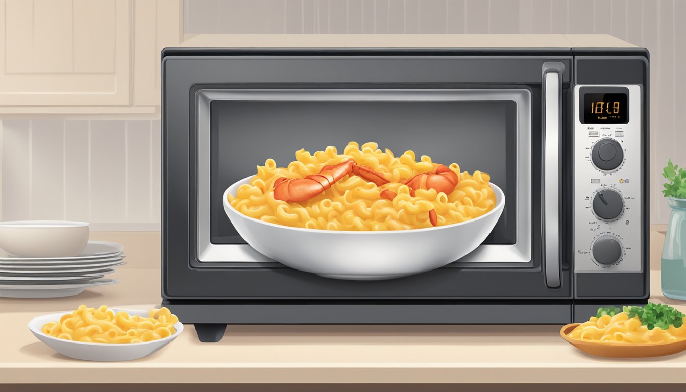 A bowl of lobster mac and cheese being reheated in a microwave