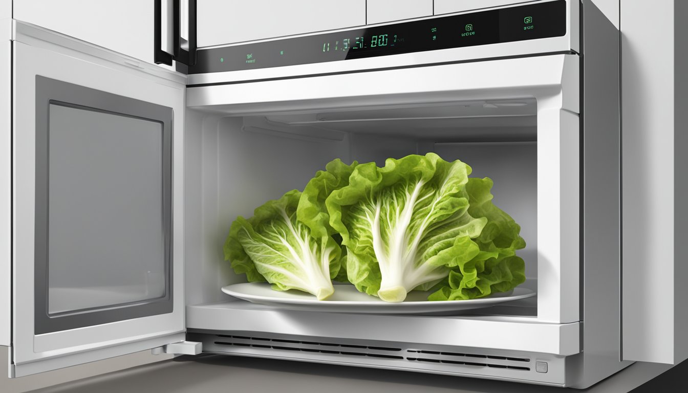 A pair of lettuce wraps sit on a plate in a microwave. The microwave door is open, and the timer displays 30 seconds