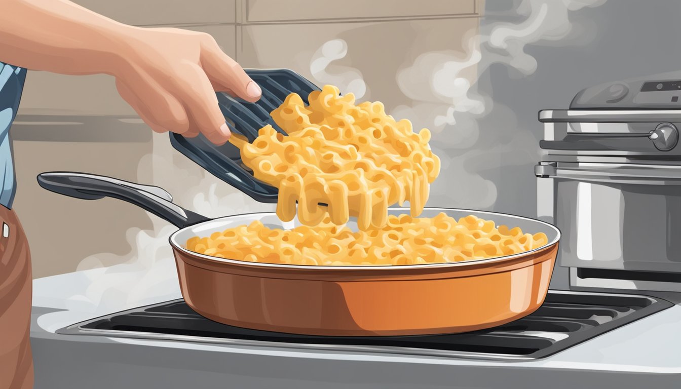 A person using oven mitts to remove a steaming dish of lobster mac and cheese from the oven