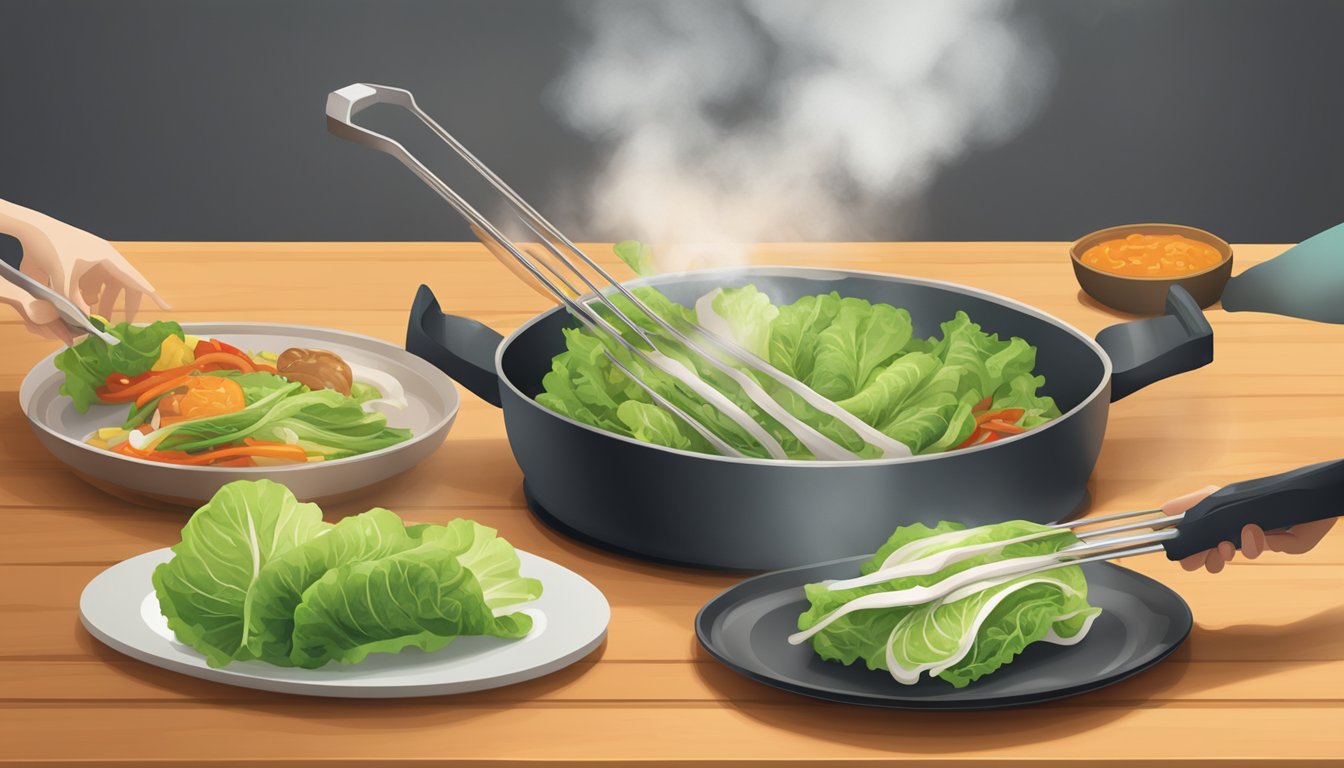 A pair of tongs delicately lifts a lettuce wrap from a sizzling pan onto a serving plate. Steam rises as the wrap is carefully arranged alongside other dishes on a wooden table